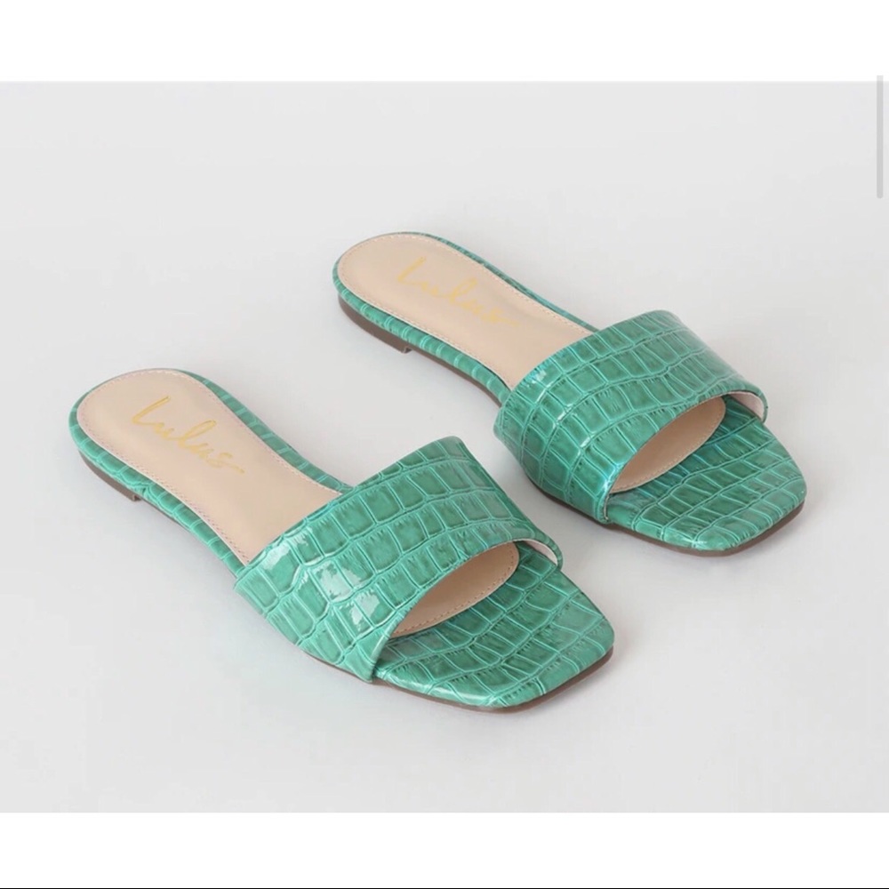 Lulus Markiee Teal Crocodile Embossed Slide Sandal - Picture 2 of 13